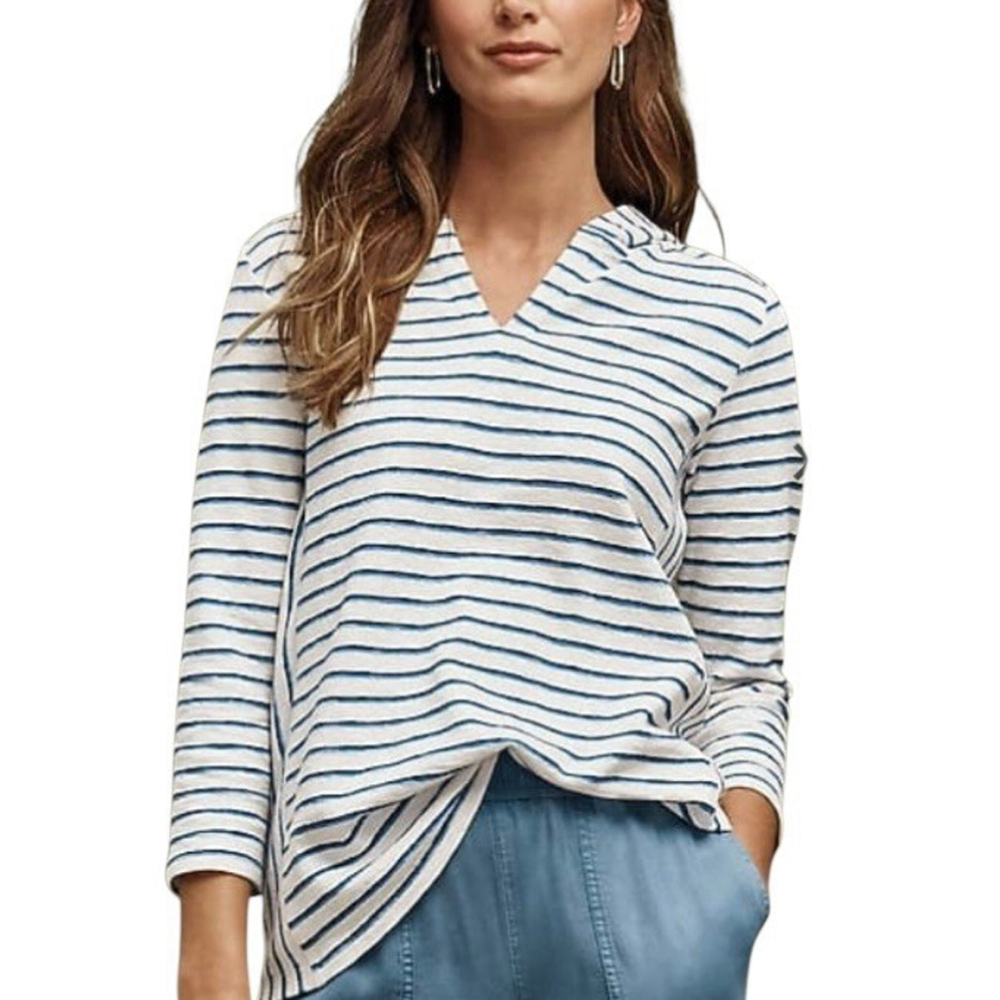 J Jill Hoody Top Sz XL Petite Blue White Stripe Cotton Terry Nautical Beach EUC
